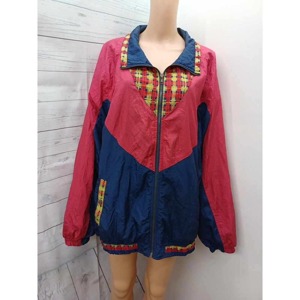 Vtg Outbrook Windbreaker Track Jacket Red Blue Womens Sz 40 Full Zip